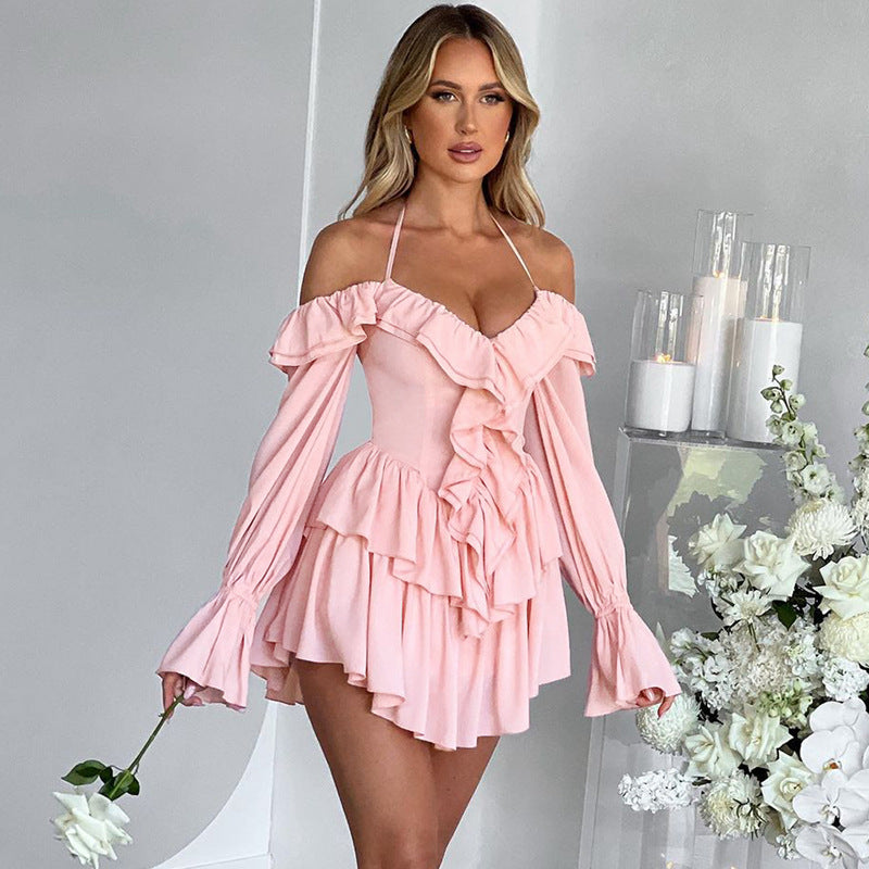 Women Clothing Autumn Sexy Halter Low Cut Ruffled Long Sleeve Romper Bella Mia